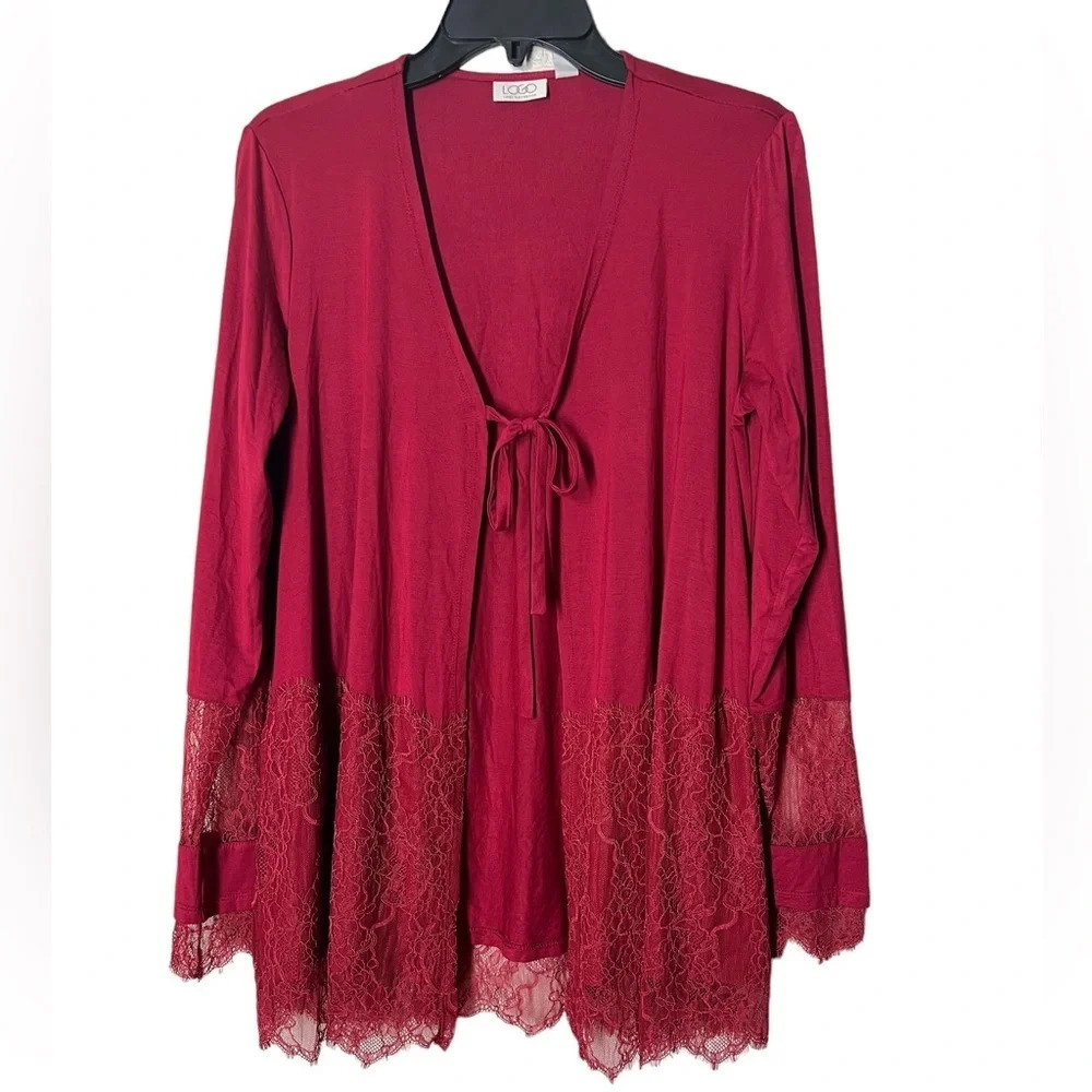 LOGO by Lori Goldstein Sz M Burgundy Front Tie Cardigan Lace Detail Whimsigoth